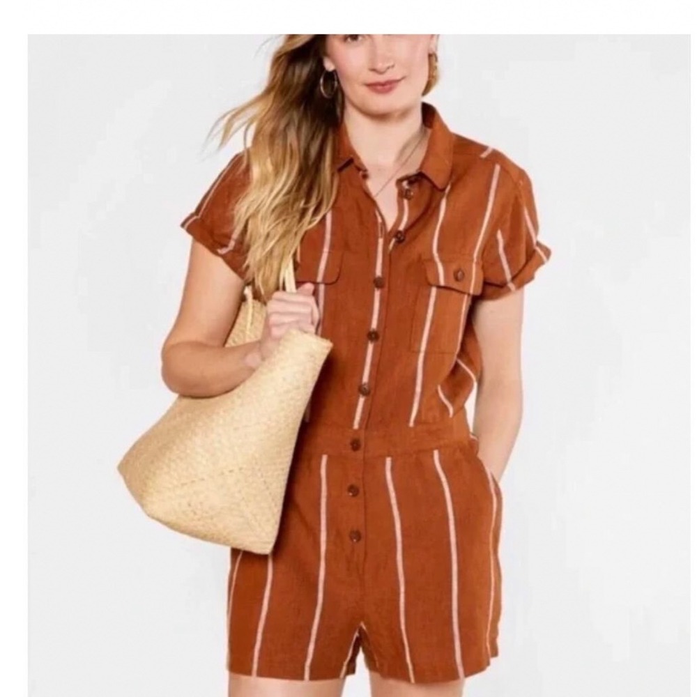 OUTERKNOWN Sea Romper Linen Stripe Playsuit Shortalls Brown Caramel Sz M